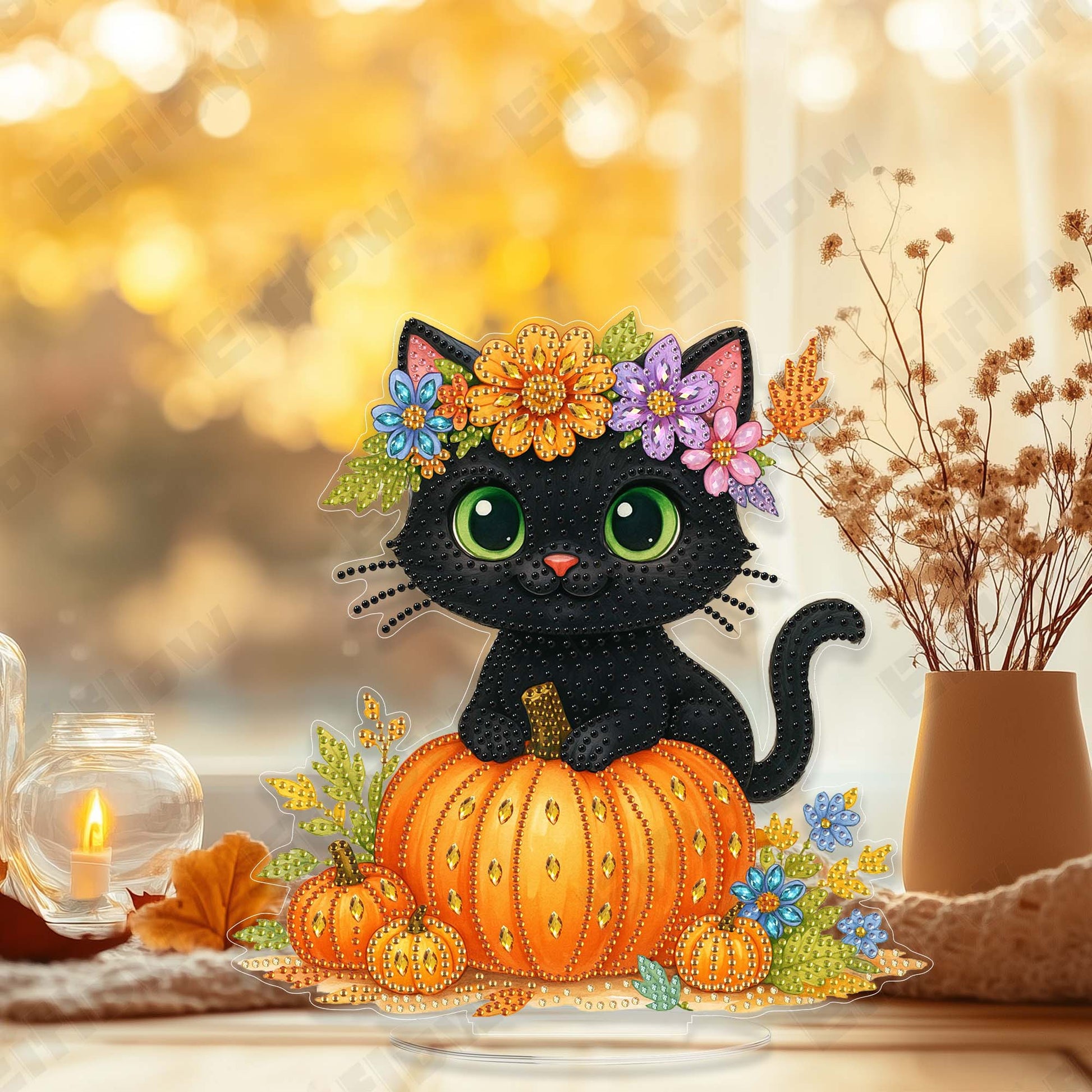 Tabletop Ornament, Black Cat and Pumpkin
